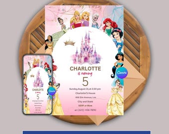 Prinsessfödelsedagsinbjudan: Rosa & guldfärgad fyrverkerifest (digital nedladdning, PDF-mall)