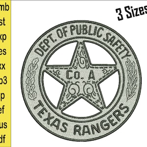 Texas Rangers Badge Embroidery Design – Dept. of Public Safety Patch – 3 Sizes – Digital Machine Embroidery File
