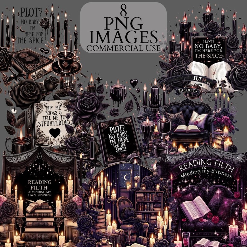Piles de livres de fiction épicée I | Bundle PNG livresques romantiques | 8 images image 1