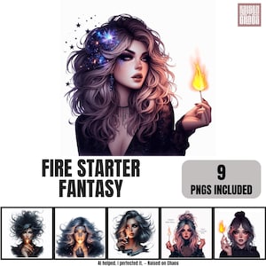 May include: A digital illustration set titled FIRE STARTER FANTASY featuring 9 PNGs of individuals with voluminous hair, some holding lit matches. The main image shows a person with wavy hair, galaxy-like accents, and a glowing flame on a match.