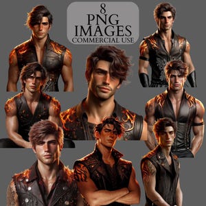 May include: Digital art featuring eight PNG images of a man with dark hair and a leather vest. The images have a fiery design on the shoulders and arms. The text "8 PNG IMAGES COMMERCIAL USE" is displayed.