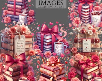 Romance épicée, piles de livres I | Ensemble PNG livresque torride | 8 images