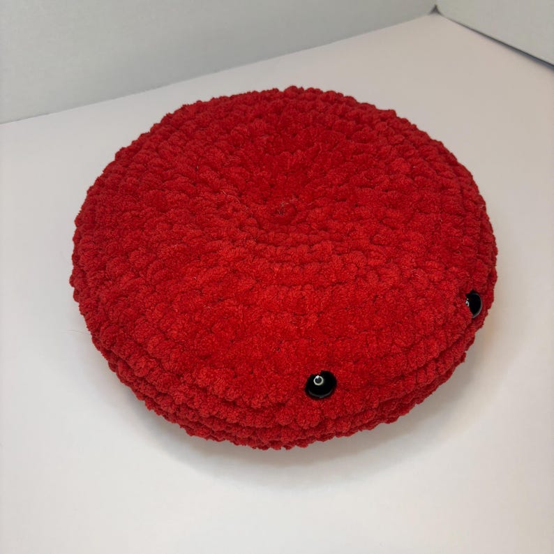 May include: A red crocheted plush toy shaped like a circle with two black button eyes.
