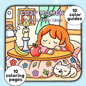 Puede incluir: Ilustración digital de una escena acogedora con una niña dormida, un gato y una vela. La imagen incluye el texto "Cozy Moments" y "Bold & Clean Lines". También hay 10 páginas para colorear y 10 guías de color.