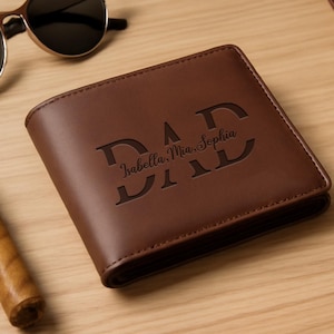 Cartera de cuero personalizada para hombre, cartera grabada para el Día del Padre, cartera personalizada con nombre de niño para papá, cartera de cuero para papá, regalo para el Día del Padre