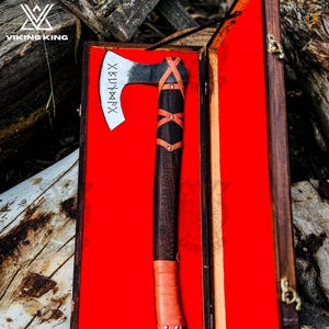 Hand Forged Norse Hatchet: Custom Carbon Steel Viking Axe with Wooden Box