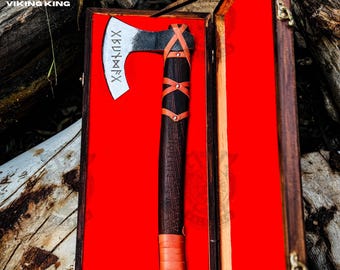 Custom Handmade Norse Hatchet Viking Axe with Wooden Box, Hand Forged Runes Carbon Steel Axe Gift for Men,Gift for Father Christmas Gift