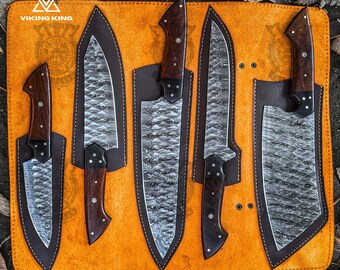 Hand Forged Damascus Steel Chef Knife Set, Rosewood Handle, Leather Kit
