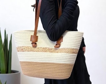 Large Straw Beach Tote Bag: Summer Travel Shoulder Bag
