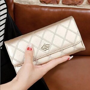 Cartera larga para mujer: cartera de piel sintética con diseño de diamantes, tarjetero, bolso de mano de moda con hebilla de corona