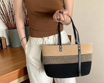 Ręcznie robiona torba plażowa z rattanu – pleciona torba na ramię ze słomy