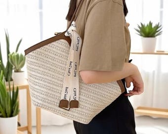 Borsa da spiaggia in rafia intrecciata fatta a mano: borsa tote in paglia boho vintage