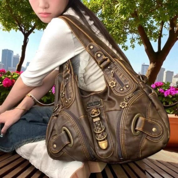 バッグ Y2K leather vintage bag hand shoulder Brown Shoulder Handbags Y2k Tote Bags, Retro Style Large