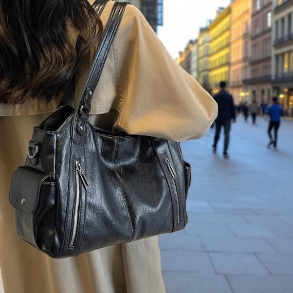 バッグ Y2K leather vintage bag hand shoulder Y2K Retro PU Leather Handbag: Buckle Underarm Shoulder Tote