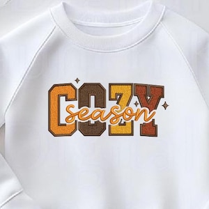 Cozy Season Embroidery Design - Vintage Varsity Retro Fall Embroidery File - Textured Pumpkin Leaf Fill Stitch for Sweatshirts, PES DST