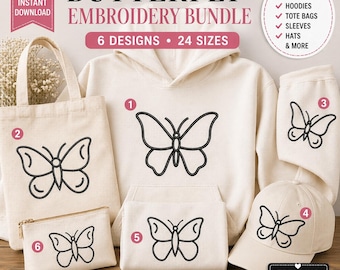 Vlinderborduurbundel, 6 vlinderborduurontwerpen, vlinderborduurpatroon met minimale contouren, machineborduurbestanden 3–6 cm