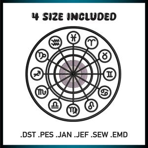 May include: Black and white circular design featuring the twelve zodiac symbols. The text "4 SIZE INCLUDED" is at the top. The bottom of the image lists file formats: .DST .PES .JAN .JEF .SEW .EMD.