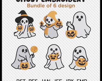 Ghost Halloween-borduurontwerpbundel: pompoen, heksenhoed (digitaal patroon)