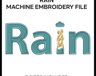 Machineborduurontwerp regen, weer Word Art-patroon, logo cloud en regendruppels, digitale download voor Brother PES Janome (3 maten)