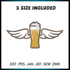 Beer Glass Wings Embroidery Design: Pub Bar Patch (Digital Download)