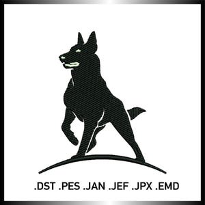 May include: A black embroidered dog silhouette on a white background. The dog is shown in a poised stance, with detailed stitching defining its shape. File format extensions are displayed at the bottom of the image.