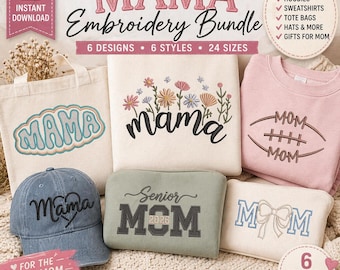 Mama-borduurontwerpbundel | 6 moeder machineborduurbestanden | Bloemenmoeder, voetbalmoeder, senior moeder 2026 | Sweater en muts DST PES JEF