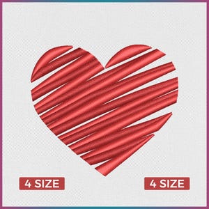 May include: A red heart design with diagonal lines, embroidered on a white background. The image has a textured appearance and includes the text "4 SIZE" in a red rectangle at the bottom.