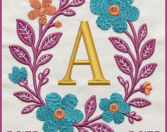 Borduurontwerp met bloemenletter | Botanisch monogram (digitale download)