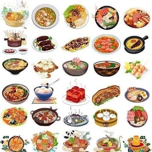 200 Hand-Drawn Chinese Traditional Food Cartoon Clip Art – Transparent Digital Images for DIY, Scrapbooking, and Design