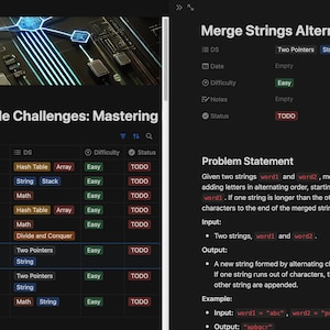 Puede incluir: Una captura de pantalla de una pantalla de ordenador que muestra una lista de 100 desafíos de codificación de LeetCode. El desafío "Fusionar cadenas de caracteres alternativamente" está resaltado, con una descripción del enunciado del problema y ejemplos de entrada/salida.