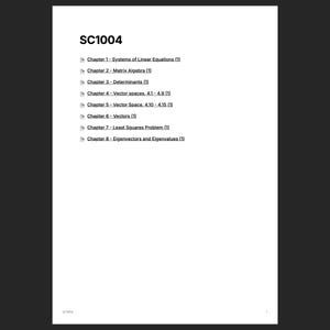 以下が含まれることがあります： 「SC1004」というタイトルと、「線形方程式系」や「行列代数」などの章タイトルが記載された白いページ。テキストは黒色で、白い背景に表示され、濃いグレーの枠線があります。