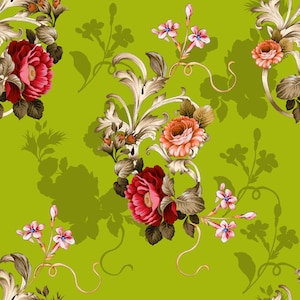 May include: A seamless pattern featuring a floral design with pink, red, and white flowers on a green background. The flowers are surrounded by ornate gold scrollwork.