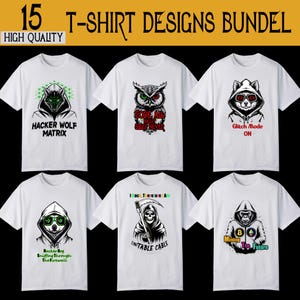 Könnte beinhalten: Ein Set mit 15 T-Shirt-Designs mit verschiedenen grafischen Illustrationen. Die Designs beinhalten einen Wolf mit grünem Matrix-Code, eine Eule mit dem Text "Code All Night Sleep Never", einen Waschbär mit dem Text "Glitch Mode On", einen Hund mit Sonnenbrille und dem Text "Hacker Dog Sniffing Through The Firewall", ein Skelett mit einer Sense und dem Text "I Hack Therefore I Am Unitable Cable" und einen Affen mit dem Text "Mining The Future".
