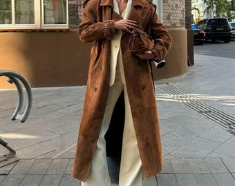 Brown Suede Trench Coat – 70s Style Boho Outwear, Belted Long Coat