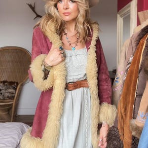 Penny Lane Faux Shearling Coat: 70s Boho Hooded Overcoat