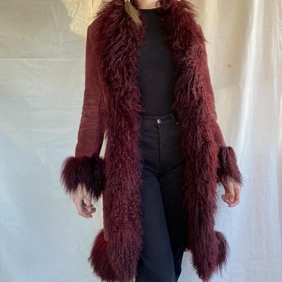 Vintage Y2K Burgundy Suede Coat: Penny Lane Fur Trim Boho Vintage Y2K Burgundy Suede Coat: Penny Lane Fur Trim Boho