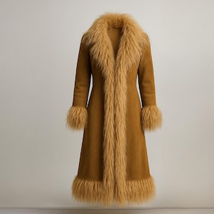 Vintage, musztardowy płaszcz Penny Lane w stylu boho z lat 70., zamszowy, z wykończeniem z futra, dla kobiet, ręcznie robiona kurtka zimowa, długi płaszcz z owczej skóry w stylu trencza