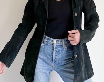 Blazer vintage de ante negro de los años 90: chaqueta de cuero minimalista hecha a mano, talla M