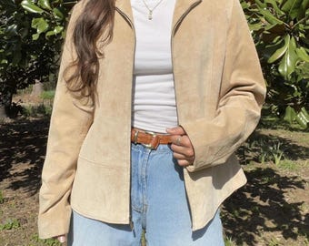 Vintage 1990s Banana Republic Suede Leather Full Zip Hooded Jacket