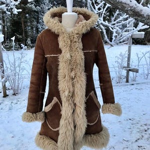 Women Brown Penny Lane Coat Mongolian Fur Trim Coat 1970s Hooded Overcoat Bohemian Long Coat Boho Hippie Coat  Vintage Streetwear Coat