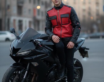 Red Black Real Leather Biker Jacket, Men's Racing Motorcycle Outwear