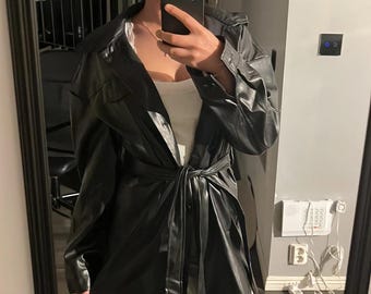 Y2K ブラック本革トレンチコート - 90年代モトダスター - Etsy 日本