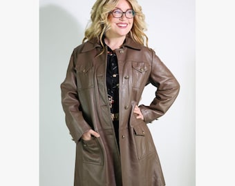 Women’s Brown Sheepskin Leather Coat, Long Trench Jacket, Genuine Leather Overcoat, Vintage Style Winter