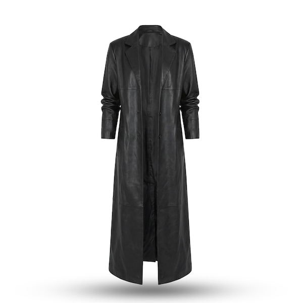 Manteau long en cuir véritable pour femme, Pardessus noir croisé, Trench intégral