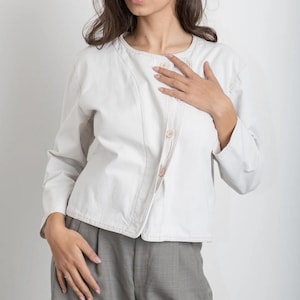 White Cotton Jacket for Women | Asymmetrical Button Up Minimalist Top | Collarless Neutral Layering Coat | Vintage Style Fall Outerwear