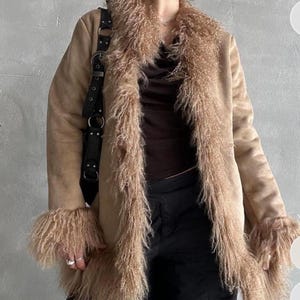 Women Camel Brown Penny Lane Jacket, 1970&#39;s Vintage Jacket, Handmade Afghan Jacket, Shearling Fur Jacket, y2k Fur Trim Jacket, Gift For Her