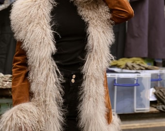 Penny Lane Shearling Coat: 70s Boho Suede Fur Trim Winter Jacket