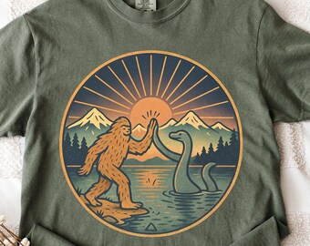 Loch Ness Monster & Bigfoot High-Five Tee: Cryptidcore Comfort Colors Shirt