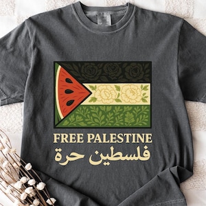 Free Palestine T-Shirt: Watermelon Flag, Arabic Floral Design