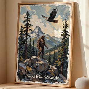 Bigfoot Mountain Print: Retro Sasquatch National Park Art